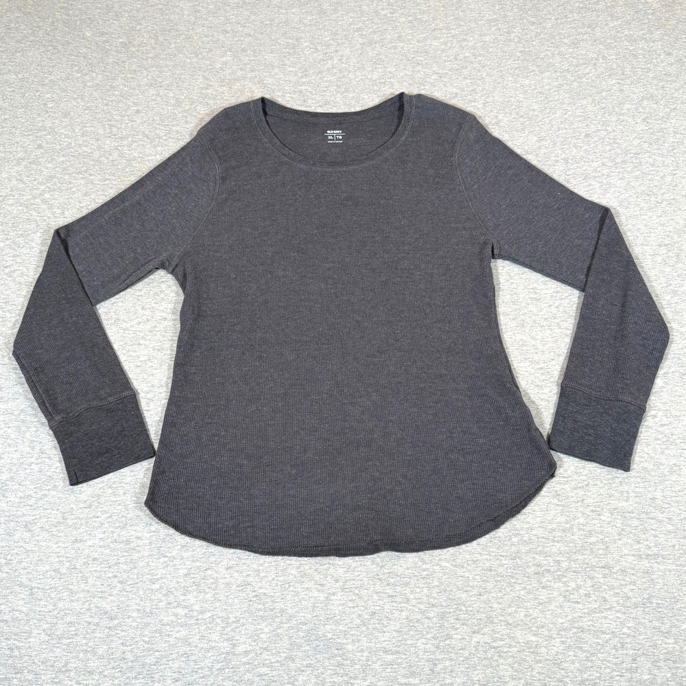 Old Navy Womens XL Charcoal Gray Waffle Knit Thermal Long Sleeve Top Curved Hem